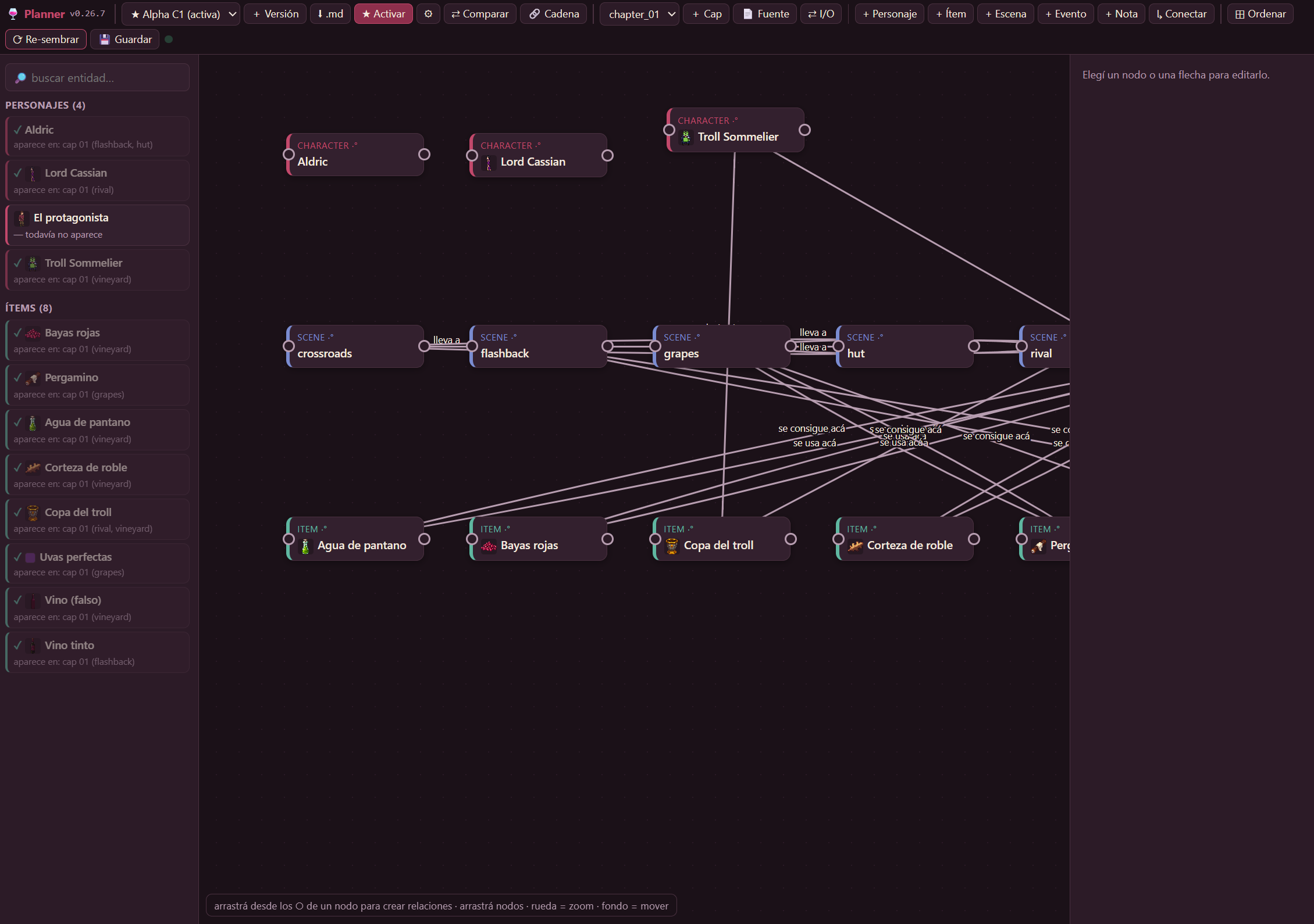 Story Planner showing relationship graph